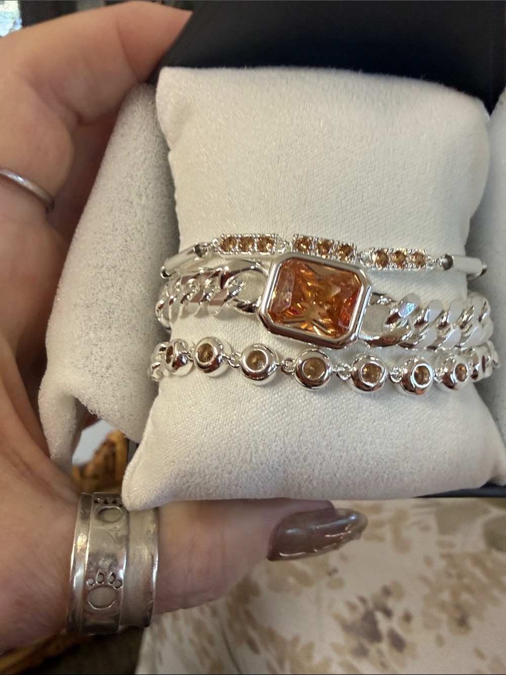 Silver Bracelet Stack with Amber Gemstone Center